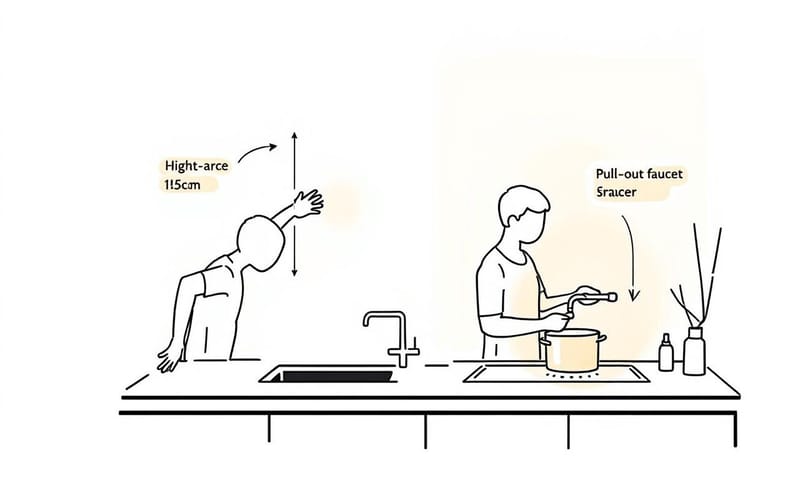 傳統與抽拉式水龍頭使用姿勢示意圖
