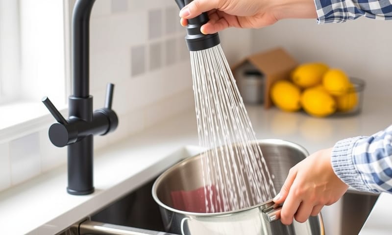 實際在水槽中使用抽拉功能的樣子